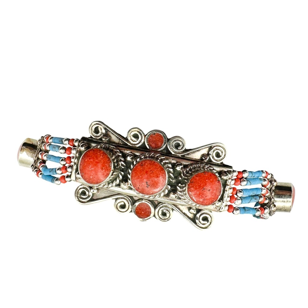 Vintage Tibetan Silver Coral Turquoise Multi-Strand Cuff Bracelet‎ Adjustable